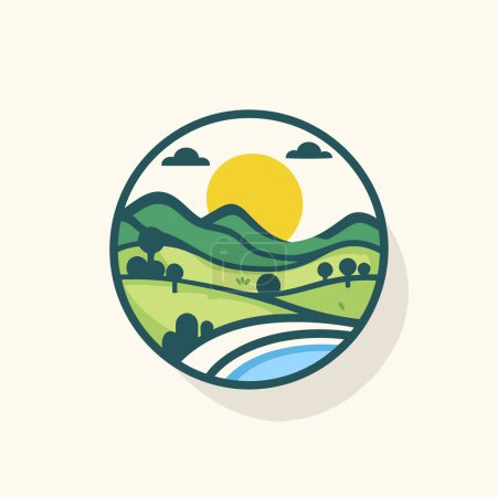 Ilustración de Icono de paisaje redondo con sol y colinas. Ilustración vectorial en estilo plano - Imagen libre de derechos