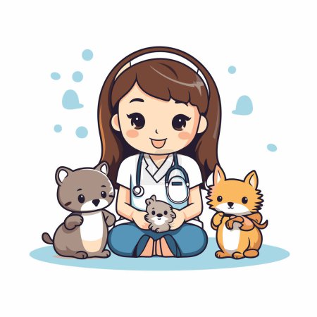 Téléchargez les illustrations : Vétérinaire fille avec chat et chien dessin animé vectoriel illustration conception graphique - en licence libre de droit