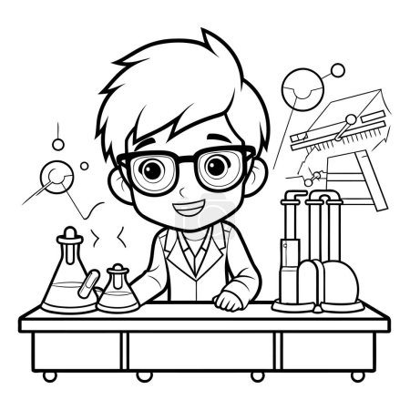 Illustration for Black and white illustration of a boy doing science in a laboratory. - Royalty Free Image