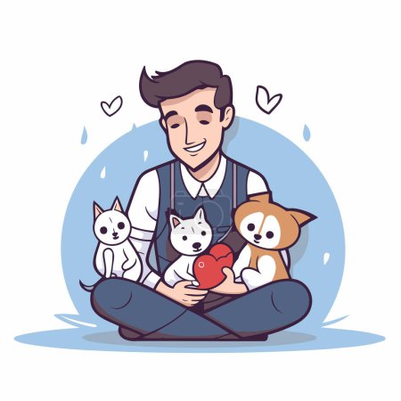 Illustration for Vector illustration of a man sitting cross-legged with his pets. - Royalty Free Image