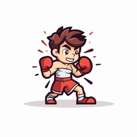 Téléchargez les illustrations : Garçon de boxe avec gants de boxe rouges. Illustration vectorielle de personnage de dessin animé. - en licence libre de droit