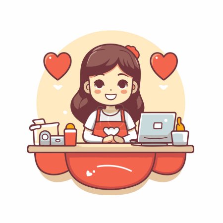 Téléchargez les illustrations : Jolie fille de dessin animé avec ordinateur portable dans le bain. Illustration vectorielle. - en licence libre de droit