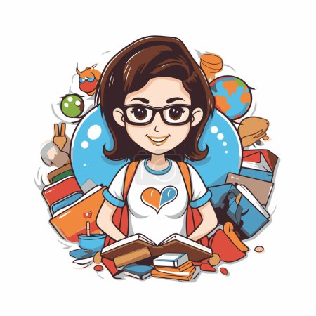 Illustration for Cute girl with books and pencils. Vector illustration in cartoon style. - Royalty Free Image