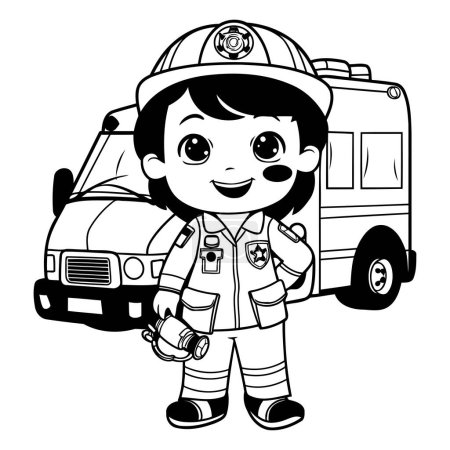 Téléchargez les illustrations : Pompier garçon avec camion de pompiers et casque dessin animé vectoriel illustration conception graphique - en licence libre de droit