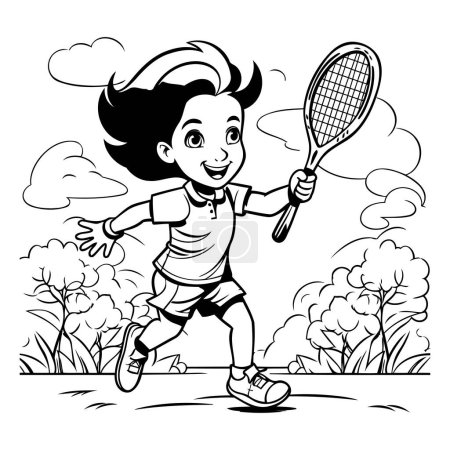 Ilustración de Little Boy Playing Tennis - Black and White Cartoon Illustration (en inglés). Vector - Imagen libre de derechos