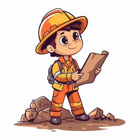 Illustration for Cartoon miner with map. Vector illustration isolated on white background. - Royalty Free Image