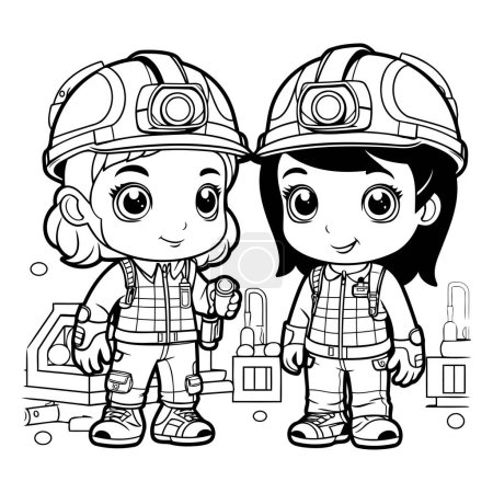 Ilustración de Libro para colorear para niños: niño y niña en un traje de bombero - Imagen libre de derechos