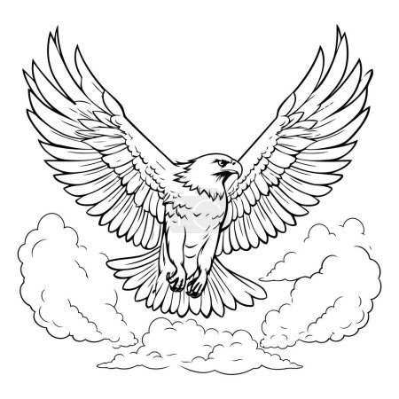 Téléchargez les illustrations : Aigle volant dans les nuages. Illustration vectorielle noir et blanc. - en licence libre de droit
