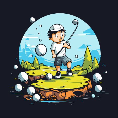 Junge beim Golfspielen. Vektorillustration eines Jungen beim Golfspielen auf einem Golfplatz.