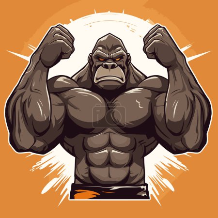 Téléchargez les illustrations : Illustration vectorielle d'un gorille fort fléchissant ses muscles devant un fond orange - en licence libre de droit