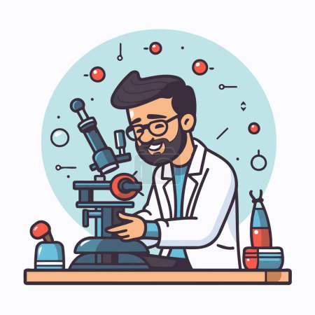 Illustration for Scientist working with microscope. Vector illustration in a flat style. - Royalty Free Image