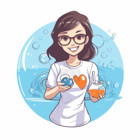 Illustration for Beautiful young woman in glasses playing with soap bubbles. Vector illustration. - Royalty Free Image