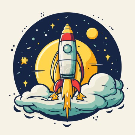 Illustration for Space rocket with moon and stars. Vector illustration in cartoon style. - Royalty Free Image