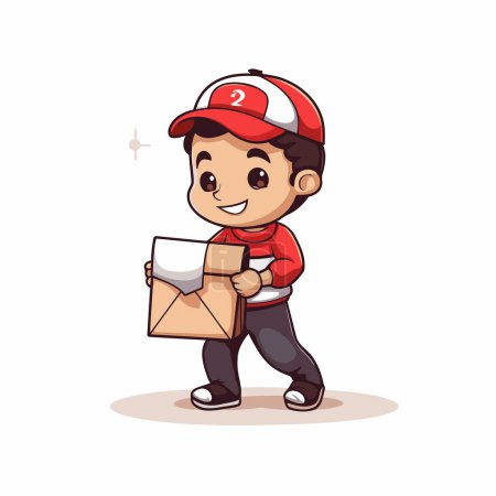 Illustration for Cute delivery boy in red uniform holding a parcel. vector illustration. - Royalty Free Image