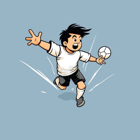 Téléchargez les illustrations : Un footballeur de dessin animé donne un coup de pied au ballon. Illustration vectorielle dans le style dessin animé. - en licence libre de droit