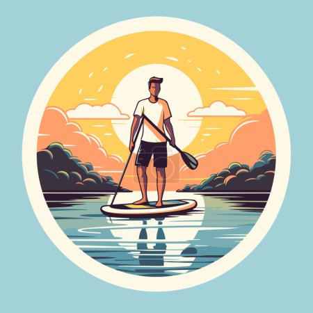 Illustration for Young man on stand up paddleboard. Flat design vector illustration. - Royalty Free Image