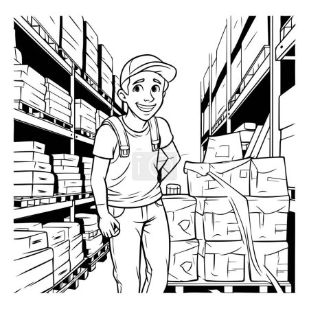 Warehouse worker with boxes. Black and white vector illustration for coloring book.