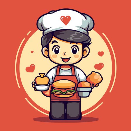 Téléchargez les illustrations : Chef garçon mignon avec hamburger et pomme. illustration vectorielle. - en licence libre de droit