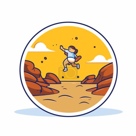 Téléchargez les illustrations : Femme sauteuse dans le désert avec illustration vectorielle de montagne graphisme. - en licence libre de droit
