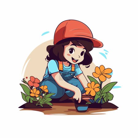 Téléchargez les illustrations : Jolie petite fille plantant des fleurs dans le jardin. Illustration vectorielle. - en licence libre de droit