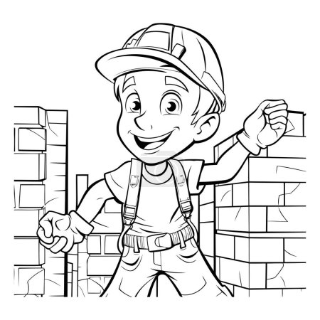Illustration for Black and White Cartoon Illustration of Kid Boy Construction Worker Character for Coloring Book - Royalty Free Image
