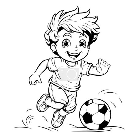 Illustration for Boy playing soccer. Black and white vector illustration for coloring book. - Royalty Free Image