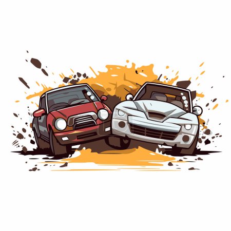 Téléchargez les illustrations : Illustration vectorielle de deux voitures sur fond de grunge avec éclaboussures - en licence libre de droit