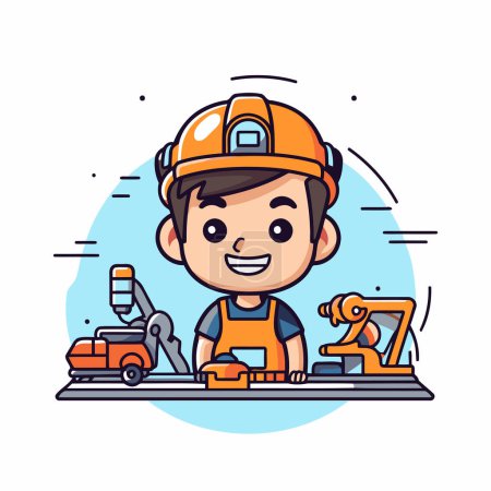 Illustration for Cute boy worker in helmet and overalls. Vector illustration. - Royalty Free Image