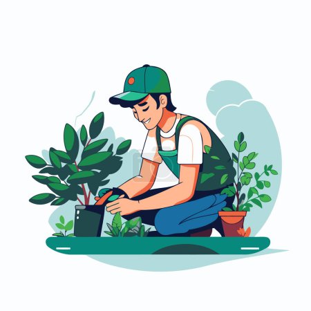 Téléchargez les illustrations : Jardinier en uniforme plantant des fleurs. Illustration vectorielle de style plat. - en licence libre de droit