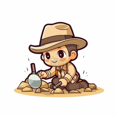 Illustration for Cartoon boy in a safari hat with a magnifying glass - Royalty Free Image