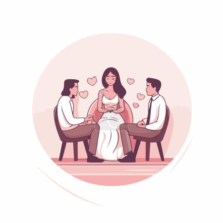 Illustration for Happy bride and groom sitting in cafe and drinking coffee. Vector illustration. - Royalty Free Image