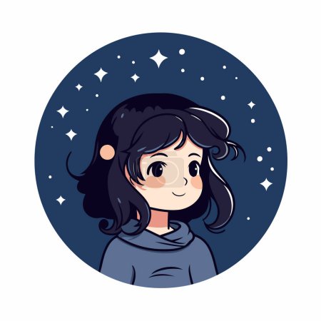 Illustration for Cute girl in the night starry sky. Vector illustration. - Royalty Free Image