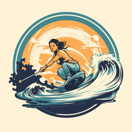 Ilustración de Chica wakeboarding en las olas. Ilustración vectorial de una mujer montando un wakeboard en las olas. - Imagen libre de derechos