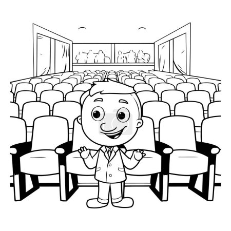 Téléchargez les illustrations : Illustration de dessin animé noir et blanc d'un petit garçon mignon à l'intérieur d'un cinéma - en licence libre de droit