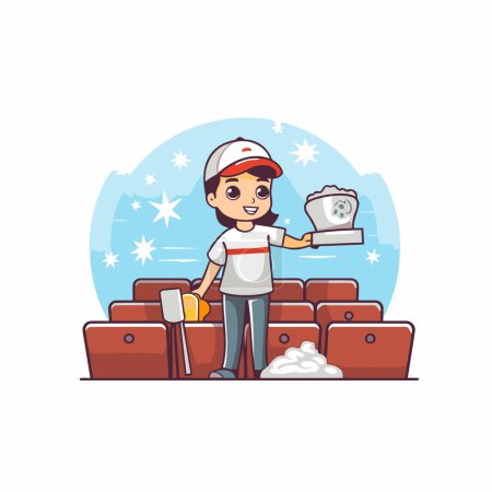 Illustration for Cute boy in the hotel room. Cartoon character vector illustration. - Royalty Free Image