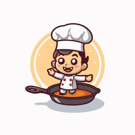 Illustration for Cute chef boy cartoon cooking in a frying pan vector illustration. - Royalty Free Image