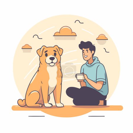Ilustración de Hombre con perro y café. Ilustración vectorial en estilo de diseño plano. - Imagen libre de derechos
