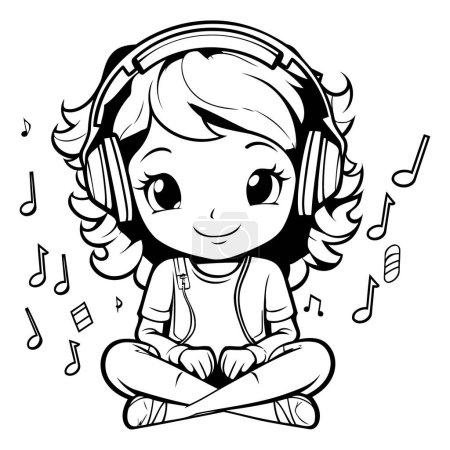 Illustration for Cute Cartoon Girl Listening to Music with Headphones - Coloring Book - Royalty Free Image