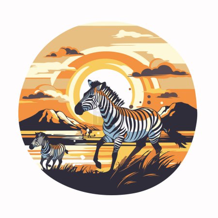 Illustration for Zebra in the wild at sunset. Vector illustration in retro style - Royalty Free Image