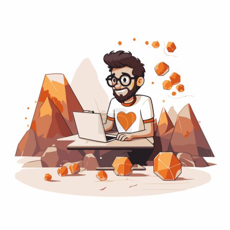 Illustration for Hipster man working on a laptop in the mountains. Vector illustration - Royalty Free Image