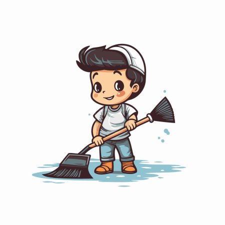 Illustration for Cute boy sweeping the floor with a broom. Vector illustration. - Royalty Free Image