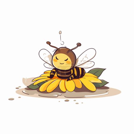 Illustration for Cute cartoon bee on a flower. Vector illustration on white background. - Royalty Free Image