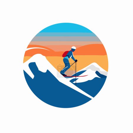 Téléchargez les illustrations : Modèle de logo de station de ski. Skieur en montagne illustration vectorielle icône. - en licence libre de droit