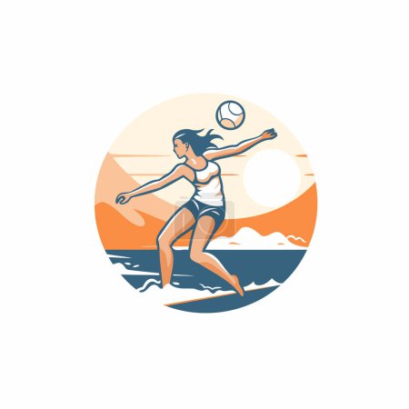 Illustration for Volleyball player woman with ball on the beach. Vector illustration - Royalty Free Image