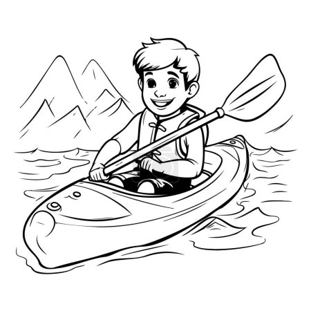 Illustration for Black and white illustration of a boy kayaking in the mountains. - Royalty Free Image