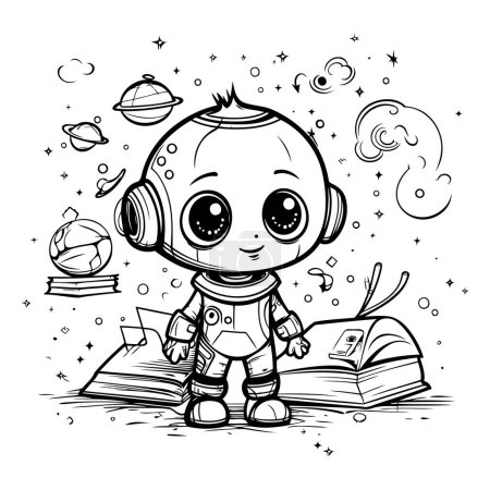 Ilustración de Bonito astronauta de dibujos animados con un libro. Ilustración vectorial para colorear libro. - Imagen libre de derechos