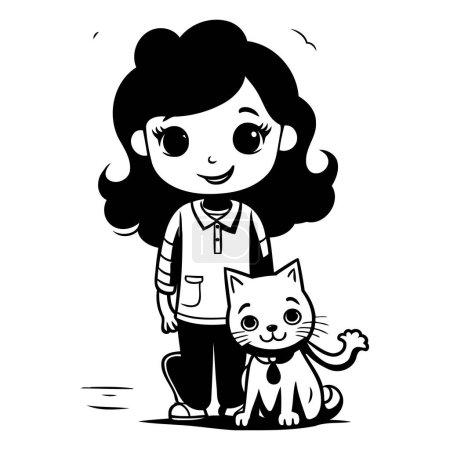 Téléchargez les illustrations : Fille et chat. Illustration vectorielle d'une fille avec un chat. - en licence libre de droit