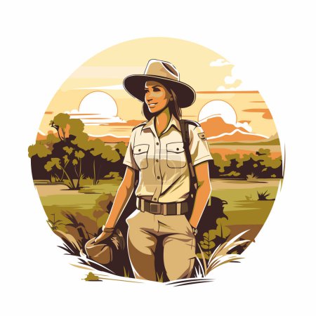 Téléchargez les illustrations : Belle femme en tenue safari au coucher du soleil. Illustration vectorielle. - en licence libre de droit