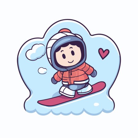 Téléchargez les illustrations : Joli petit garçon snowboard en vêtements d'hiver. Illustration vectorielle. - en licence libre de droit