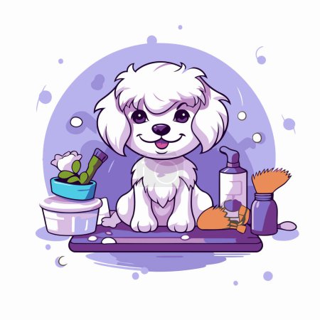 Téléchargez les illustrations : Mignon chien de dessin animé assis sur la table de toilettage. Illustration vectorielle. - en licence libre de droit